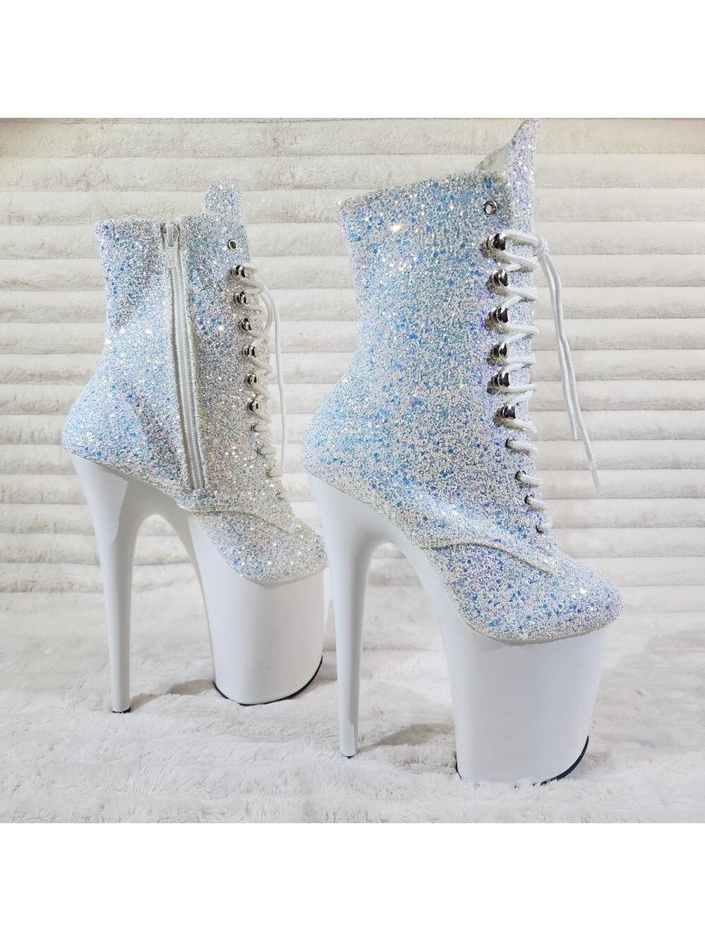 White Ice UV Glitter 8" Platform Heel Ankle Boots Flamingo - Picture 10 of 12